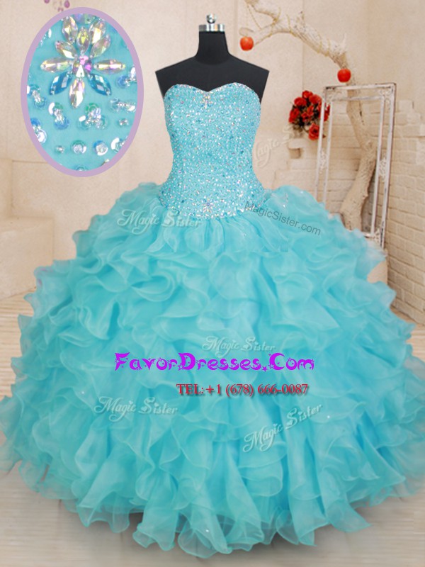  Aqua Blue Ball Gowns Beading and Ruffles 15th Birthday Dress Lace Up Organza Sleeveless Floor Length