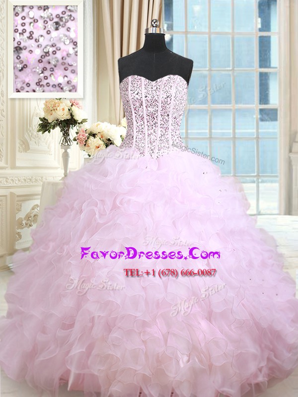 Custom Designed Lilac Organza Lace Up Sweet 16 Dresses Sleeveless Floor Length Beading and Ruffles and Ruffled Layers