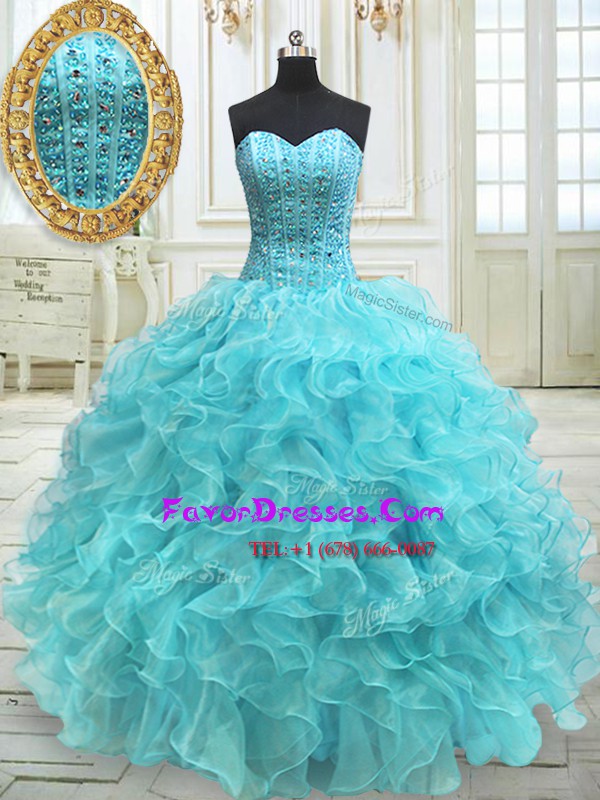 Decent Aqua Blue Sleeveless Organza Lace Up Sweet 16 Dress for Military Ball and Sweet 16 and Quinceanera