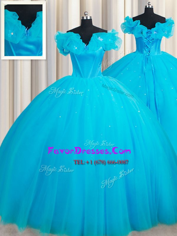  Baby Blue Lace Up Off The Shoulder Hand Made Flower Sweet 16 Dress Tulle Sleeveless Court Train