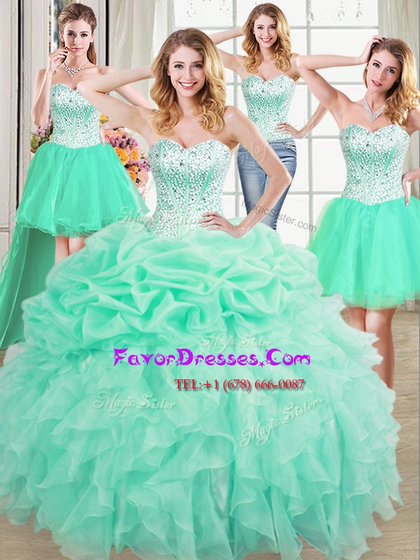 Four Piece Apple Green Sleeveless Beading and Ruffles and Pick Ups Floor Length Sweet 16 Dresses