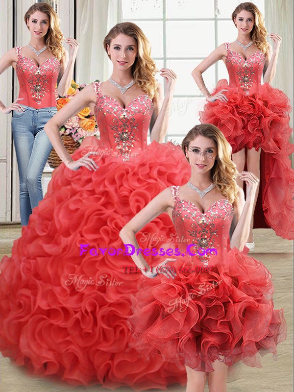 Custom Made Four Piece Straps Sleeveless Fabric With Rolling Flowers Quinceanera Gown Beading and Ruffles Zipper