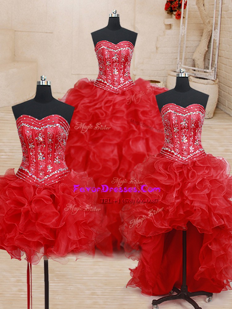 Fantastic Four Piece Red Sleeveless Floor Length Beading and Ruffles Lace Up Quinceanera Dress