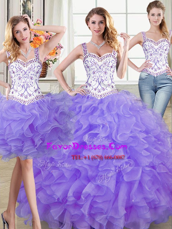 Custom Design Lavender Straps Lace Up Beading and Lace and Ruffles Quinceanera Dresses Sleeveless