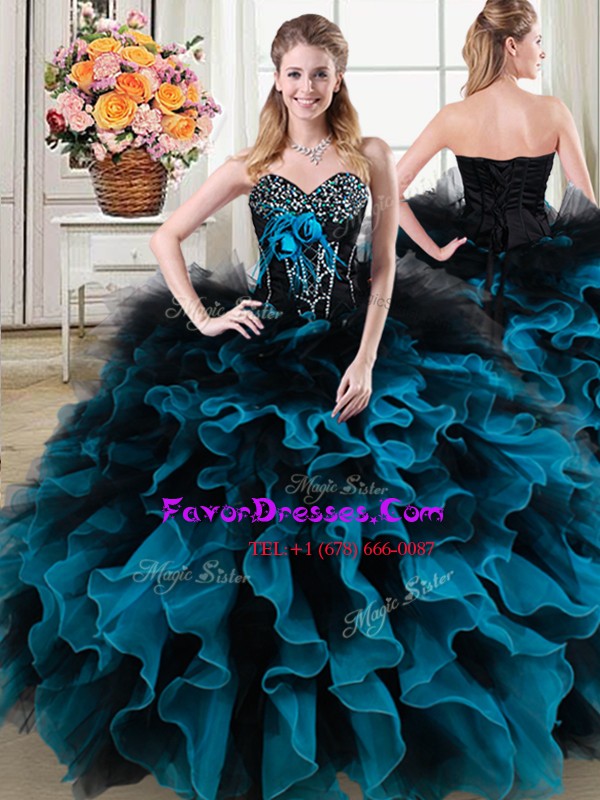 High Quality Black and Blue Ball Gowns Organza and Tulle Sweetheart Sleeveless Beading and Ruffles and Hand Made Flower Floor Length Lace Up 15 Quinceanera Dress