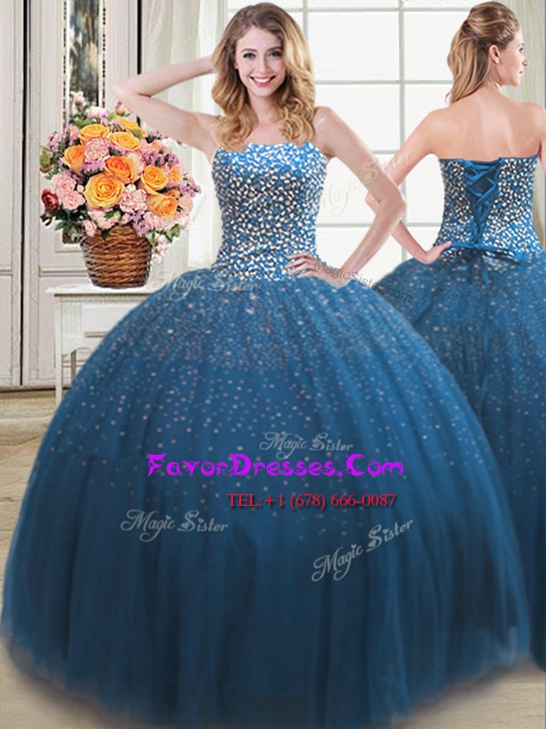 Custom Design Teal Sweetheart Neckline Beading Quinceanera Gowns Sleeveless Lace Up