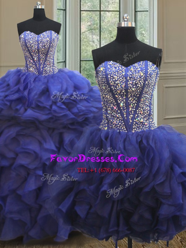  Three Piece Floor Length Royal Blue 15th Birthday Dress Sweetheart Sleeveless Lace Up