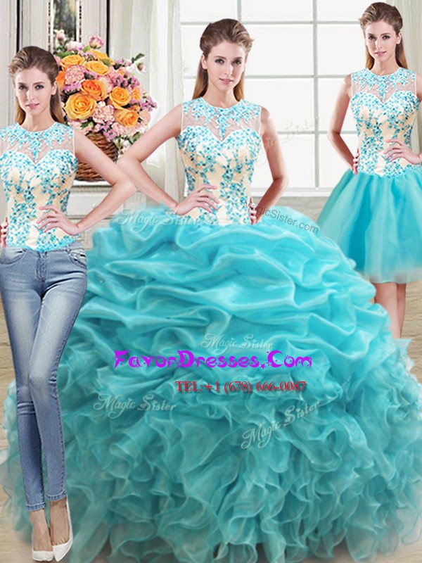  Three Piece Aqua Blue Ball Gowns Organza Scoop Sleeveless Beading and Ruffles Floor Length Lace Up Quinceanera Dress