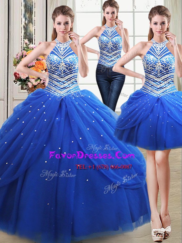 Sweet Three Piece Halter Top Royal Blue Ball Gowns Beading and Pick Ups Quinceanera Dress Lace Up Tulle Sleeveless Floor Length