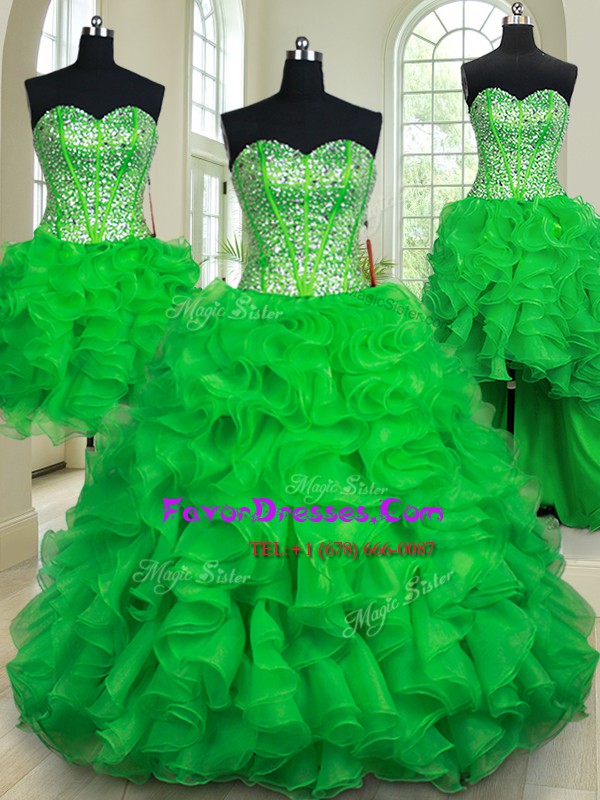  Four Piece Green Sleeveless Organza Lace Up Quinceanera Gown for Military Ball and Sweet 16 and Quinceanera