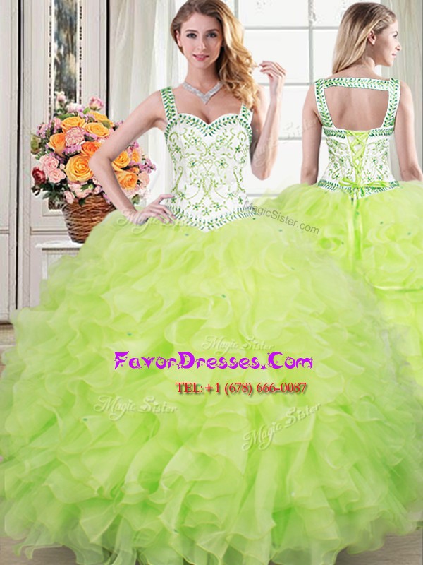 Straps Yellow Green Sleeveless Floor Length Beading and Lace and Ruffles Lace Up Sweet 16 Dresses