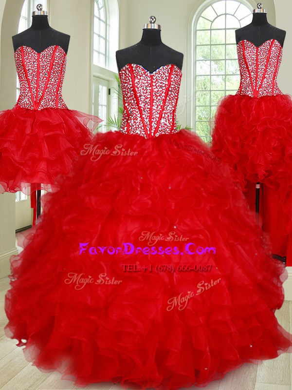 High End Four Piece Red Ball Gowns Sweetheart Sleeveless Organza Floor Length Lace Up Beading and Ruffles Quince Ball Gowns