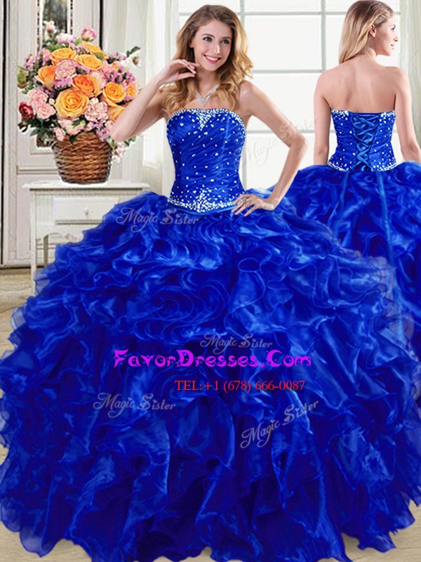  Royal Blue Lace Up Strapless Beading and Ruffles Sweet 16 Dresses Organza Sleeveless