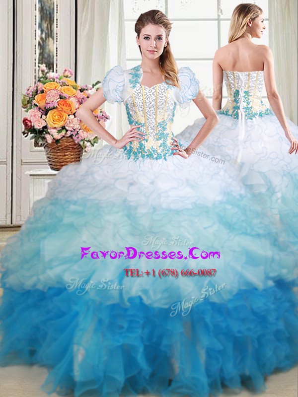 Adorable Sweetheart Sleeveless 15 Quinceanera Dress With Brush Train Beading and Appliques and Ruffles Multi-color Organza