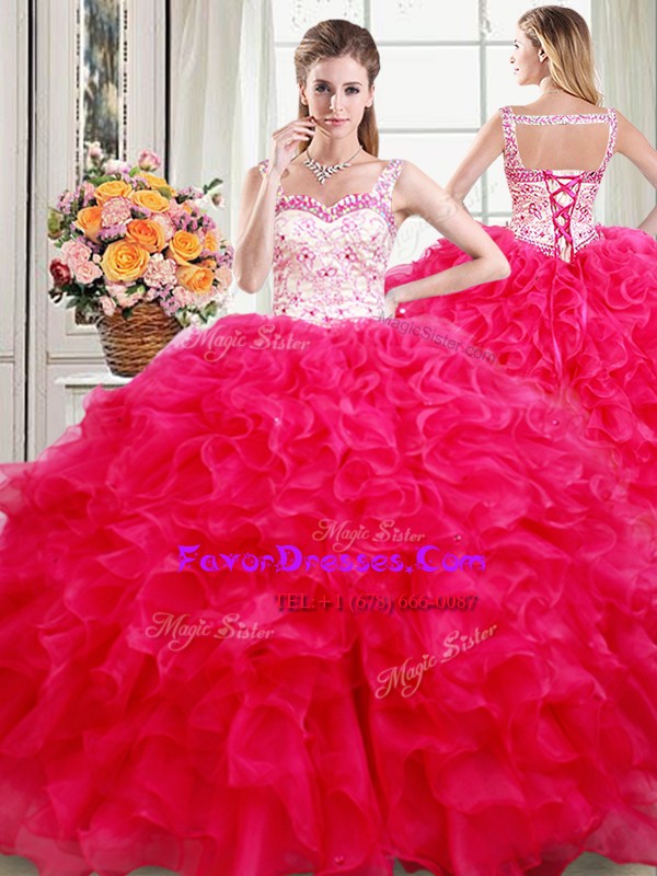 Super Floor Length Hot Pink Quinceanera Gown Straps Sleeveless Lace Up