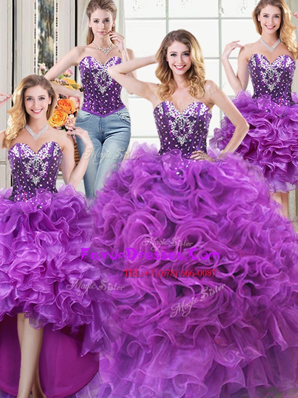 Exquisite Four Piece Sweetheart Sleeveless Lace Up Quinceanera Dress Eggplant Purple Organza