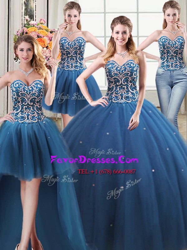  Four Piece Teal Sweetheart Lace Up Beading Vestidos de Quinceanera Sleeveless