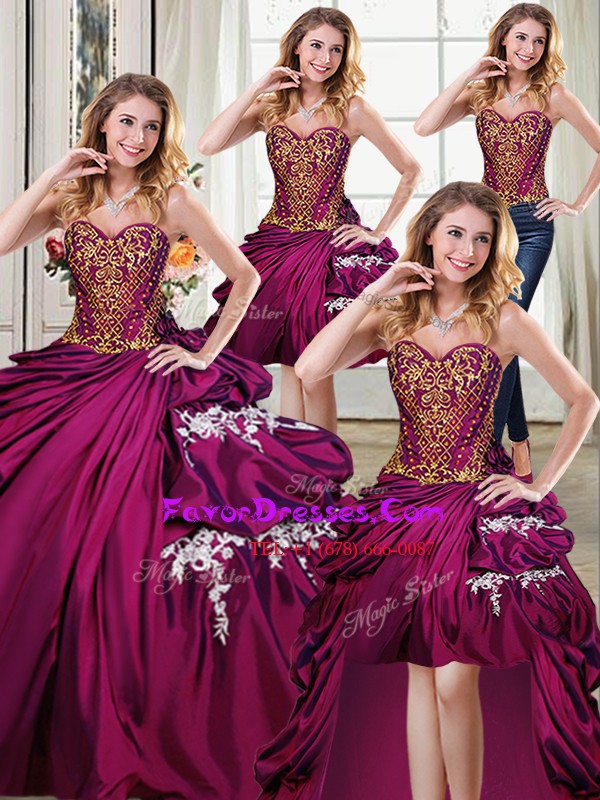  Four Piece Burgundy Sweetheart Lace Up Beading and Appliques and Pick Ups Sweet 16 Dresses Sleeveless