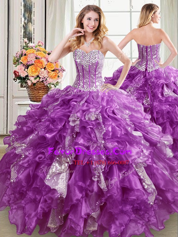  Purple Sleeveless Beading and Ruffles and Sequins Floor Length Quince Ball Gowns