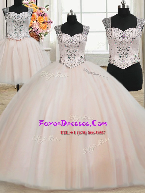 Latest Three Piece Straps Pink Sleeveless Floor Length Beading Zipper Quinceanera Dress