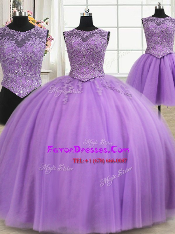  Three Piece Scoop Sleeveless Lace Up Floor Length Beading and Appliques Quinceanera Dresses