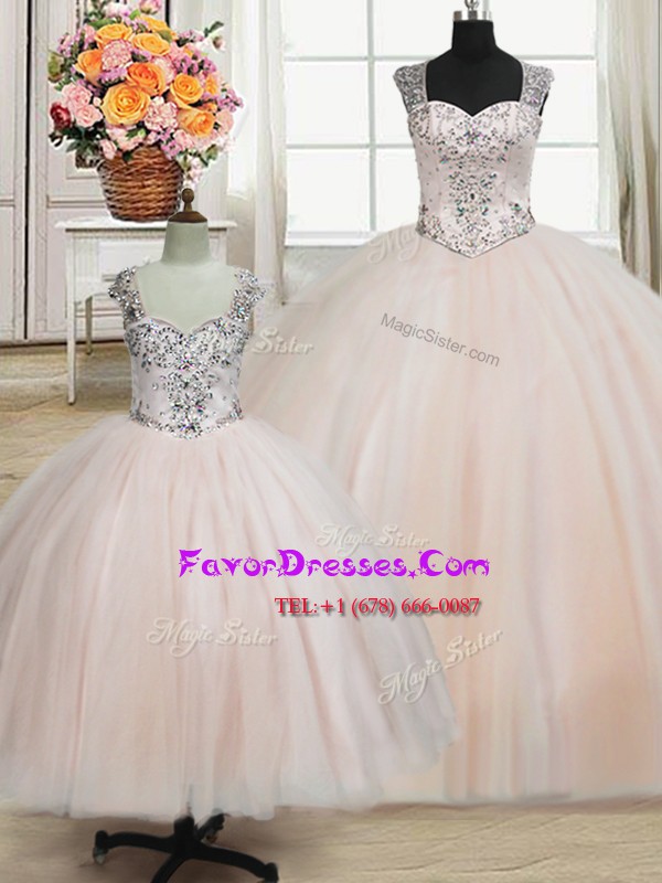 Fancy Straps Floor Length Zipper Sweet 16 Dress Pink for Military Ball and Sweet 16 and Quinceanera with Beading