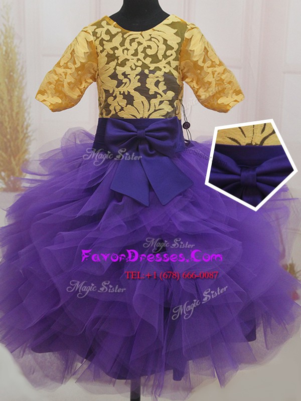 Hot Sale Scoop Mini Length Eggplant Purple and Gold Little Girl Pageant Gowns Tulle Short Sleeves Lace and Ruffles and Bowknot