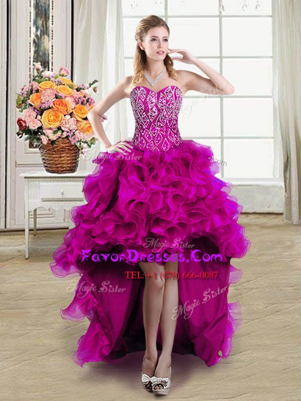  Ball Gowns Evening Dress Fuchsia Sweetheart Organza Sleeveless High Low Lace Up