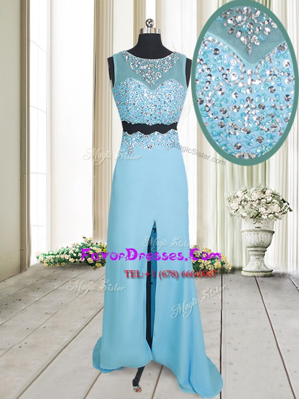  Scoop Aqua Blue Chiffon Zipper Evening Dress Sleeveless Floor Length Beading