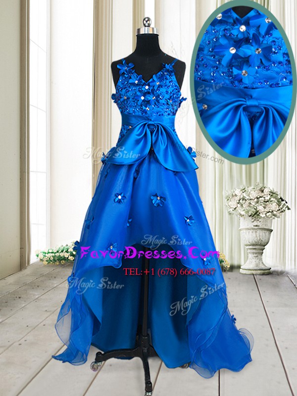  Royal Blue A-line Beading and Appliques and Bowknot Prom Gown Zipper Organza Sleeveless High Low