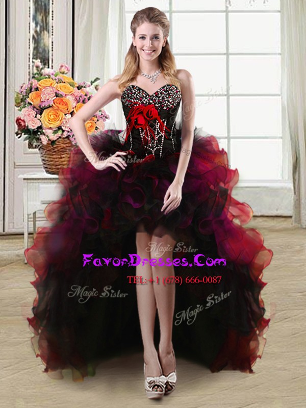 Delicate Red Organza and Tulle Lace Up Homecoming Dress Sleeveless High Low Beading and Ruffles and Hand Made Flower