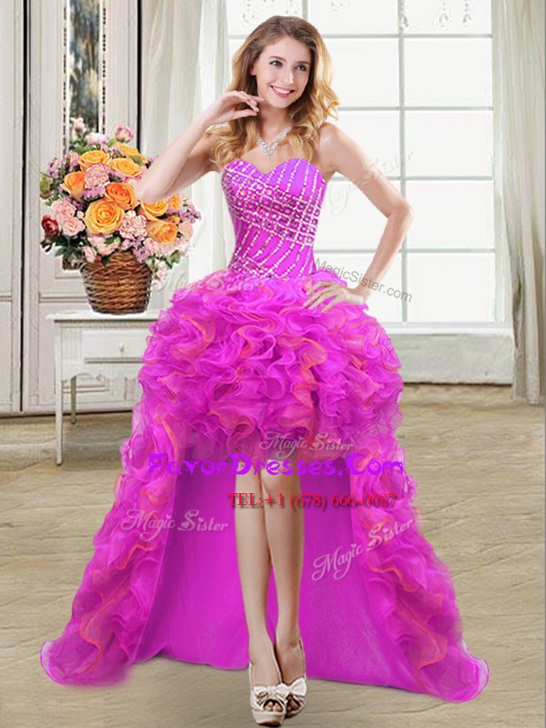 Discount Ball Gowns Prom Gown Purple Sweetheart Organza Sleeveless High Low Lace Up