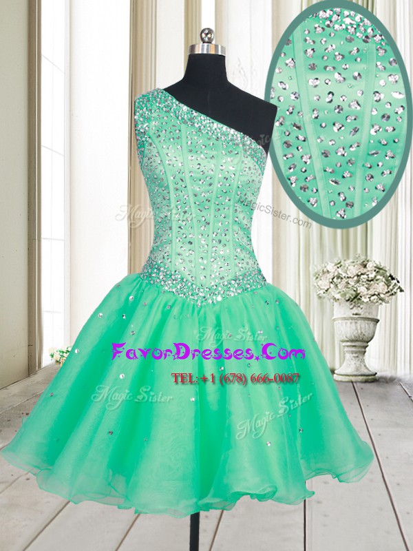 High Class One Shoulder Turquoise Organza Lace Up Evening Dress Sleeveless Mini Length Beading