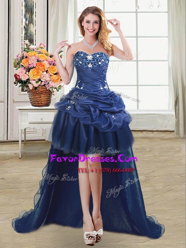  Navy Blue Ball Gowns Beading and Appliques and Pick Ups Prom Evening Gown Lace Up Organza Sleeveless High Low
