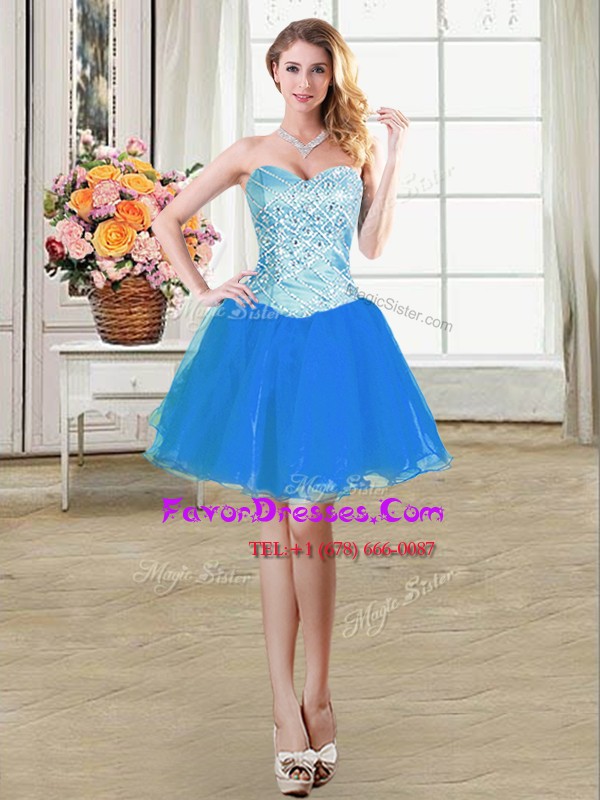  Blue A-line Beading Evening Dress Lace Up Organza Sleeveless Mini Length