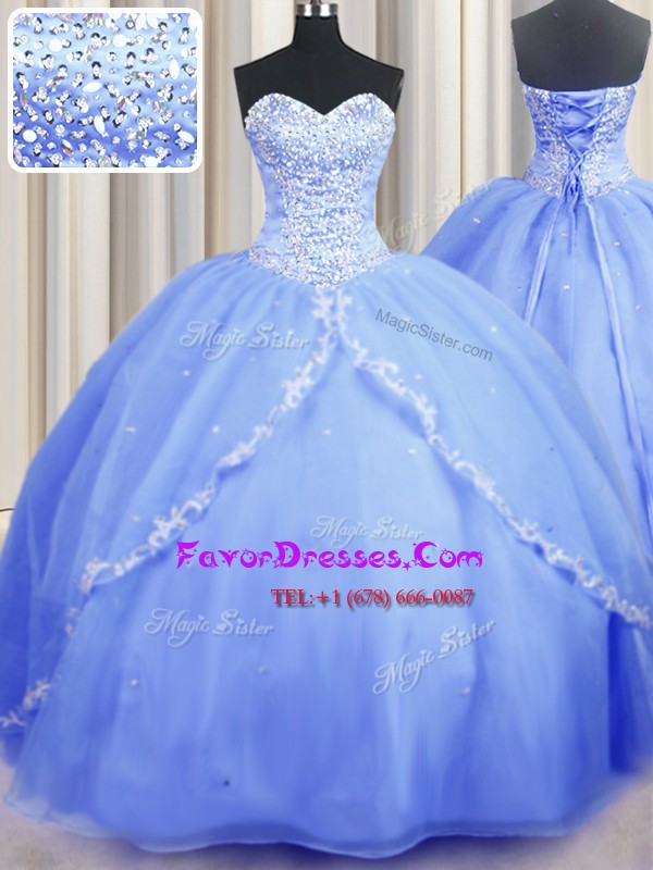  Sweetheart Sleeveless Organza Quinceanera Gown Beading and Appliques Brush Train Lace Up