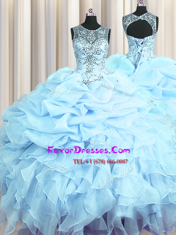  See Through Ball Gowns 15 Quinceanera Dress Light Blue Scoop Organza Sleeveless Floor Length Lace Up