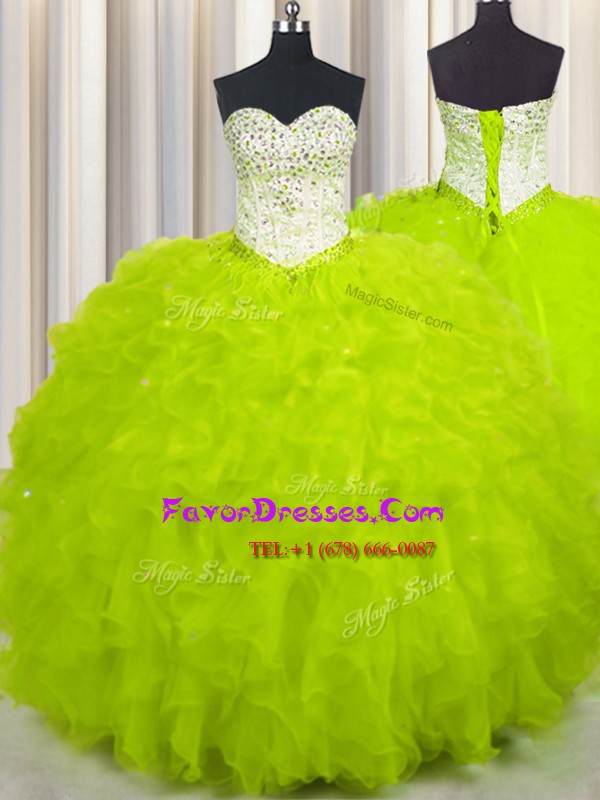 Graceful Yellow Green Ball Gowns Beading and Ruffles Sweet 16 Dress Lace Up Tulle Sleeveless Floor Length