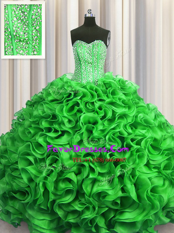 Exceptional Visible Boning Green Sleeveless Beading and Ruffles Floor Length Quinceanera Dresses