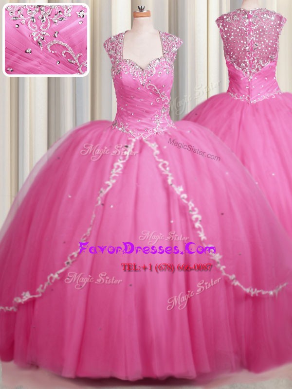  Zipper Up With Train Ball Gowns Cap Sleeves Rose Pink Sweet 16 Dress Brush Train Zipper