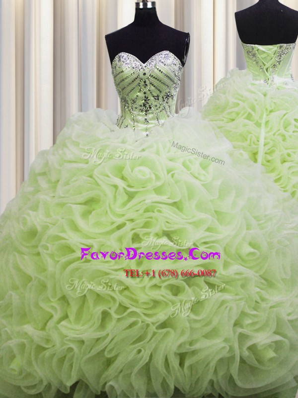 Best Selling Brush Train Yellow Green Ball Gowns Sweetheart Sleeveless Fabric With Rolling Flowers Floor Length Lace Up Beading and Pick Ups Vestidos de Quinceanera