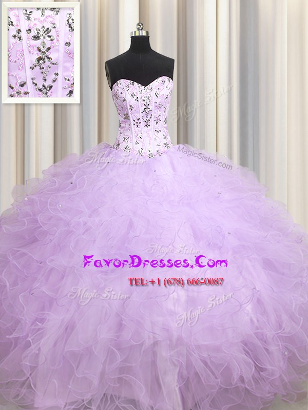 Trendy Visible Boning Lavender Sweetheart Neckline Beading and Appliques and Ruffles Quinceanera Dress Sleeveless Lace Up