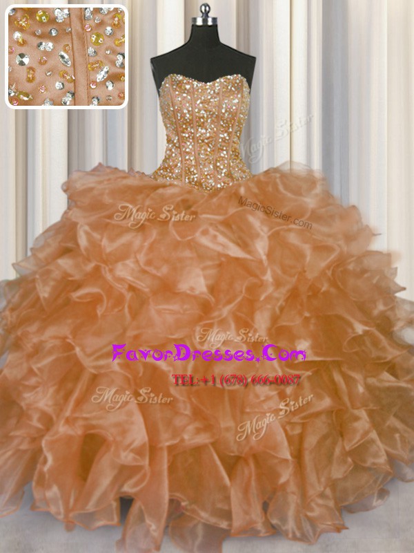  Visible Boning Champagne Sleeveless Floor Length Beading and Ruffles Lace Up Quinceanera Dress