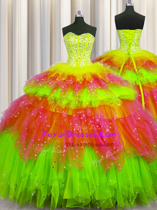 Flirting Bling-bling Visible Boning Sweetheart Sleeveless Lace Up Quinceanera Gowns Multi-color Tulle