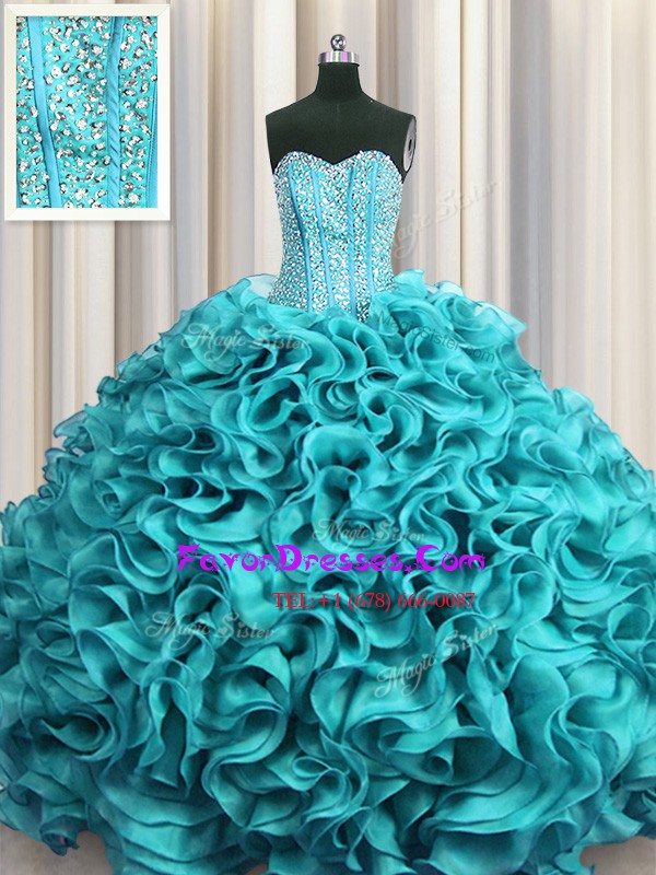  Visible Boning Aqua Blue Lace Up 15th Birthday Dress Beading and Ruffles Sleeveless Floor Length