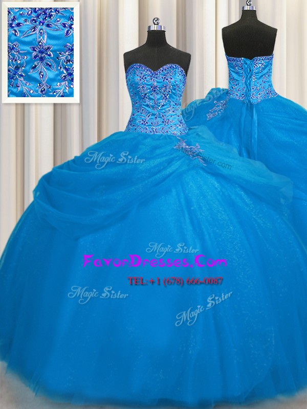  Really Puffy Sleeveless Floor Length Beading Lace Up 15th Birthday Dress with Blue