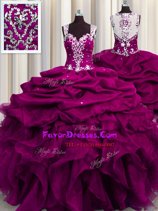 Latest See Through Back Fuchsia Organza Zipper Straps Sleeveless Floor Length Quinceanera Gowns Beading and Ruffles and Sequins