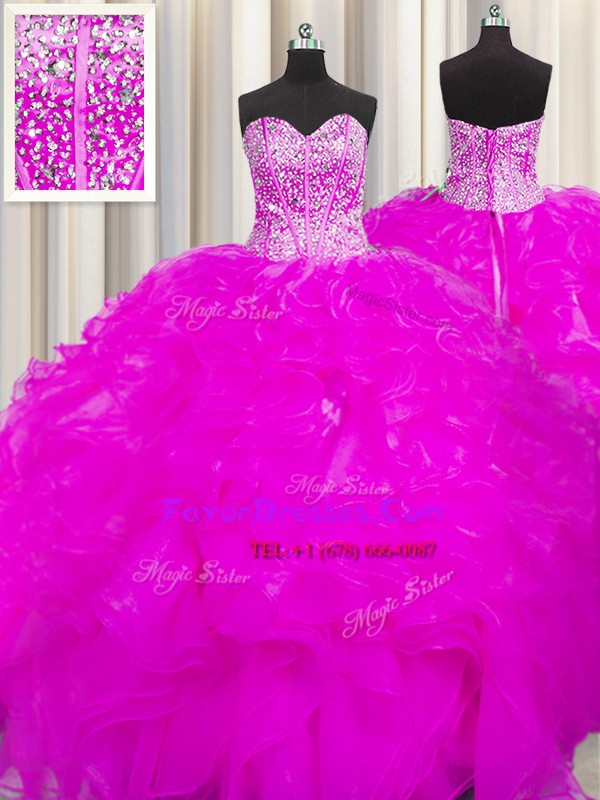  Visible Boning Beaded Bodice Fuchsia Ball Gowns Beading and Ruffles Sweet 16 Quinceanera Dress Lace Up Organza Sleeveless Floor Length
