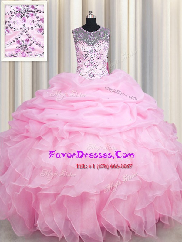  See Through Rose Pink Sleeveless Floor Length Beading and Ruffles and Pick Ups Lace Up Quince Ball Gowns