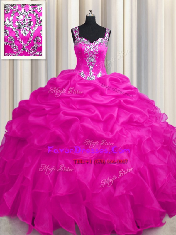 Glamorous See Through Zipper Up Floor Length Zipper 15th Birthday Dress Hot Pink for Military Ball and Sweet 16 and Quinceanera with Appliques and Ruffles and Ruffled Layers